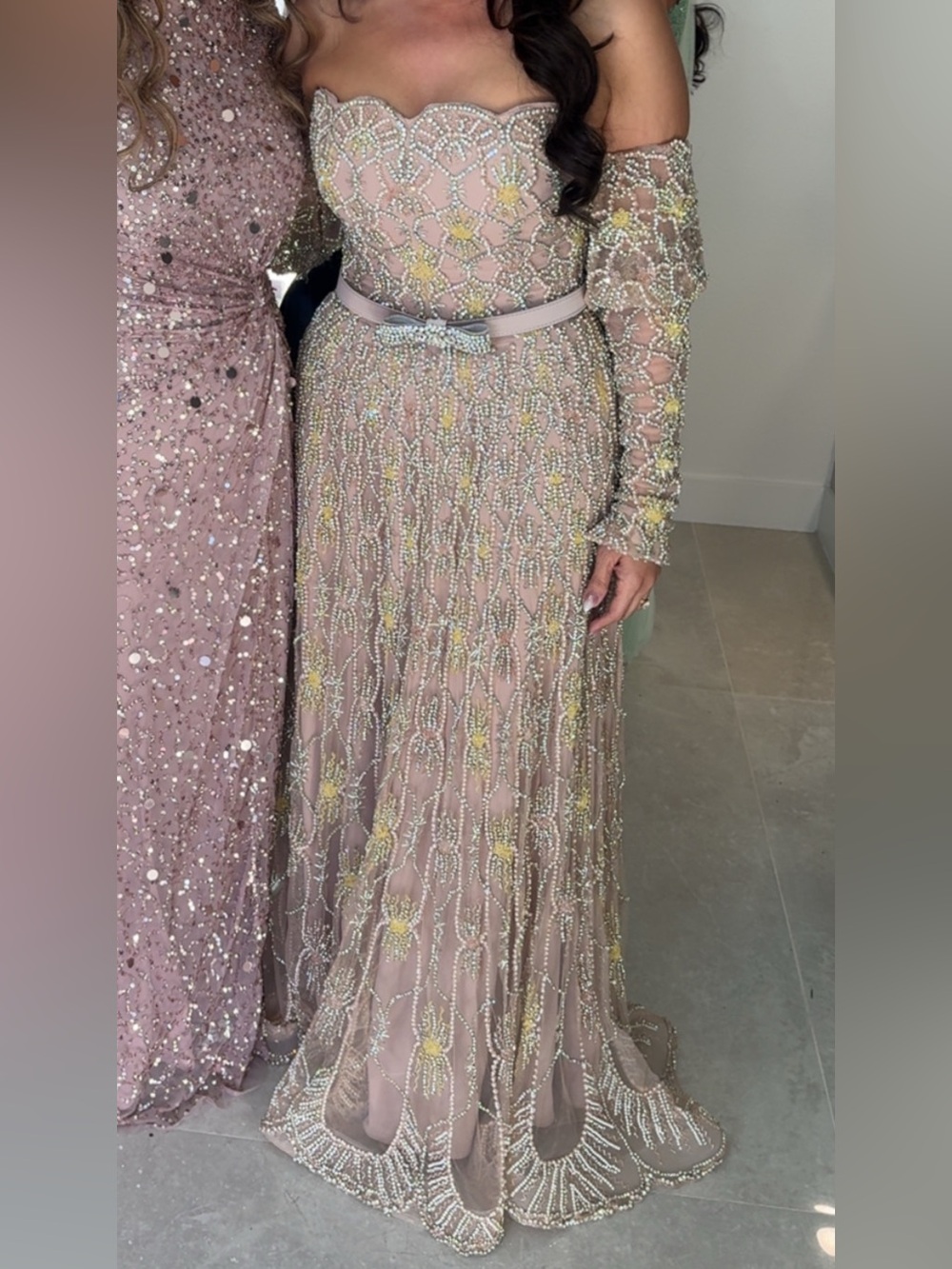 Custom Blush Beaded Evening Gown with removable sleeves